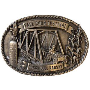 Rossville Kansas Belt Buckle Tall Corn Festival 1980s KS Old Wagon Bridge Vtg
